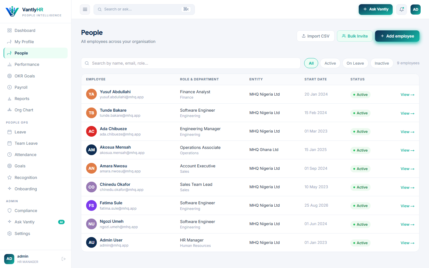 VantlyHR employee directory