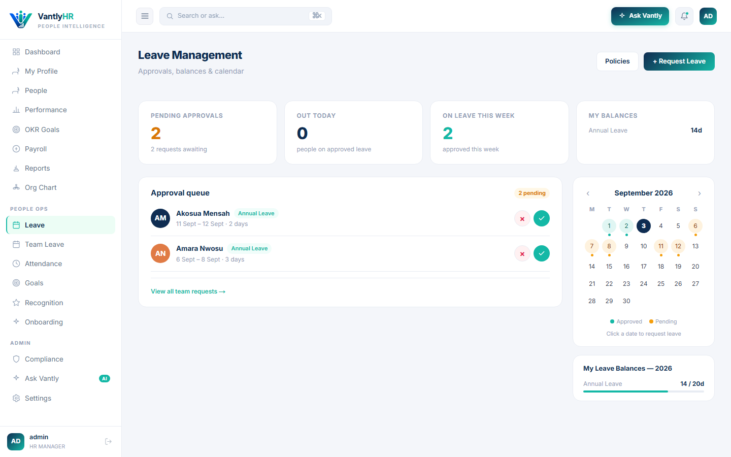 VantlyHR leave approval queue and calendar
