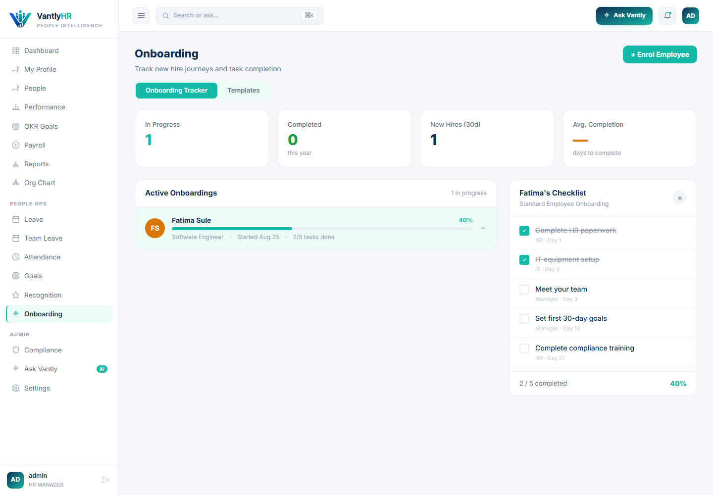 VantlyHR onboarding checklist